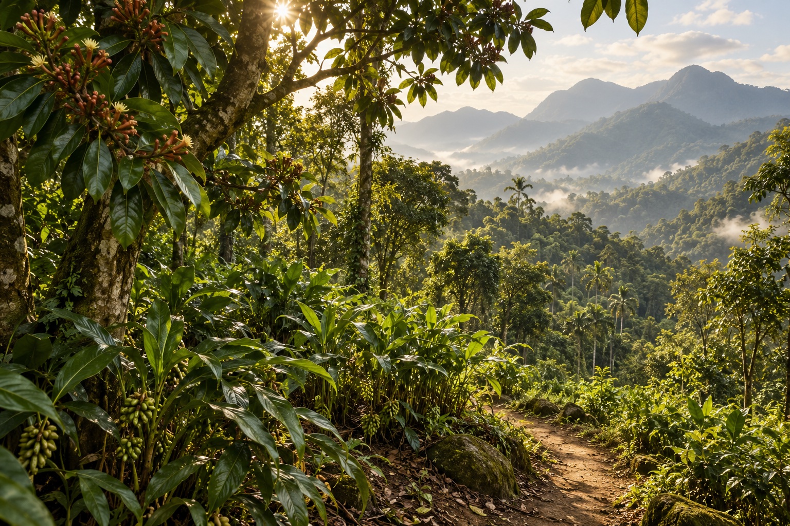 Illustrative tropical spice-growing landscape inspired by the Western Ghats