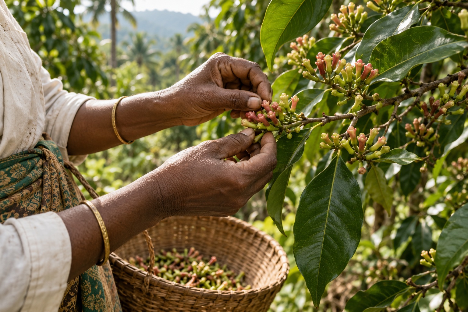 Illustrative scene of hands harvesting clove buds from a branch