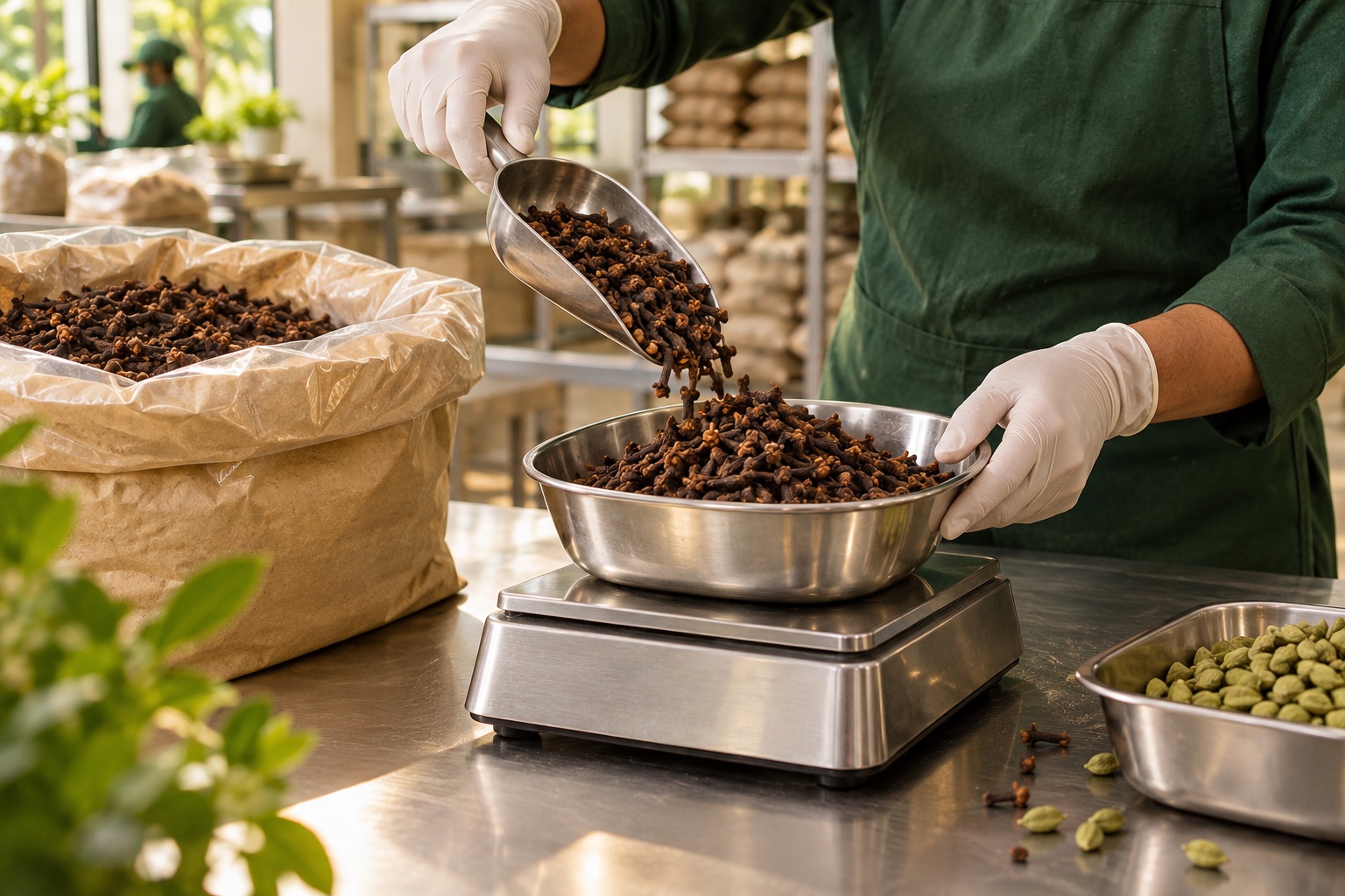 Illustrative scene of cloves being weighed and prepared for bulk packing