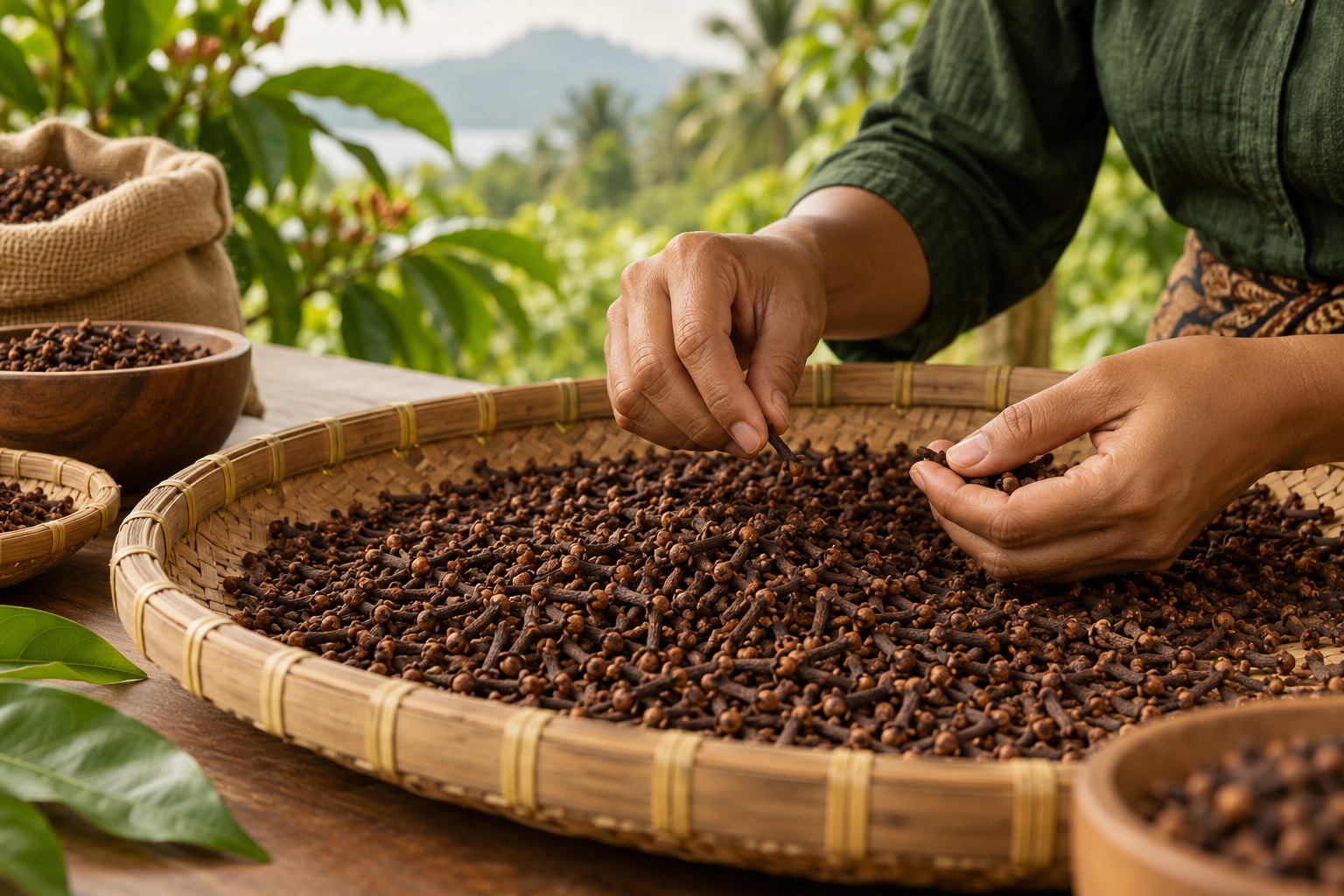 Illustrative scene of hands inspecting whole dried cloves on a sorting tray